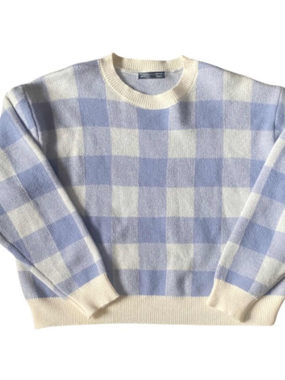 DAZY Women’s Cozy Check Crewneck Sweater - Light Blue & Cream - Size M
